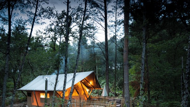 A forest cabin with a metal roof, a deck, and a wooden fence. - Huttopia Lac de Rillé (Rillé)