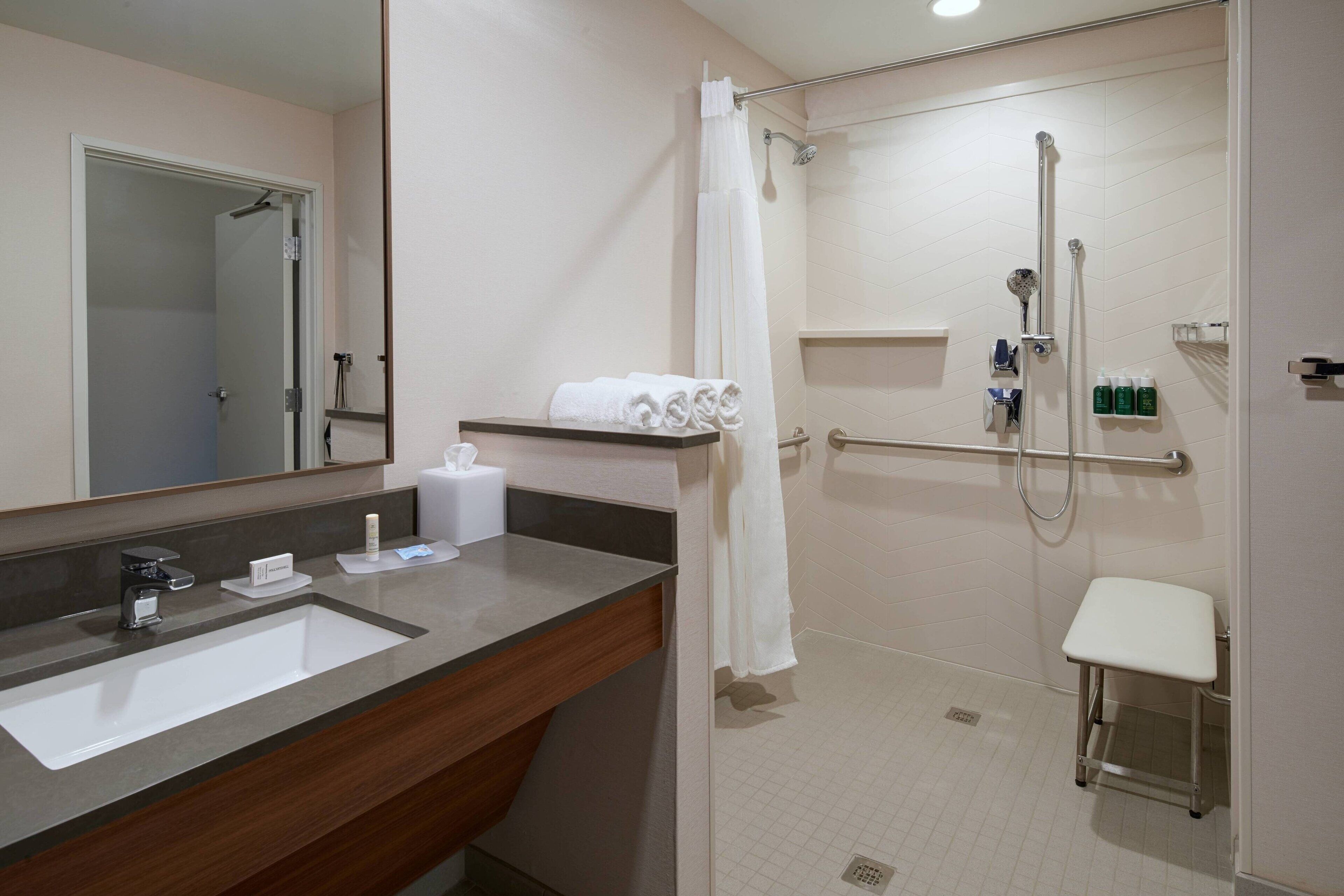 combined shower/bathtub, free toiletries, hair dryer, towels