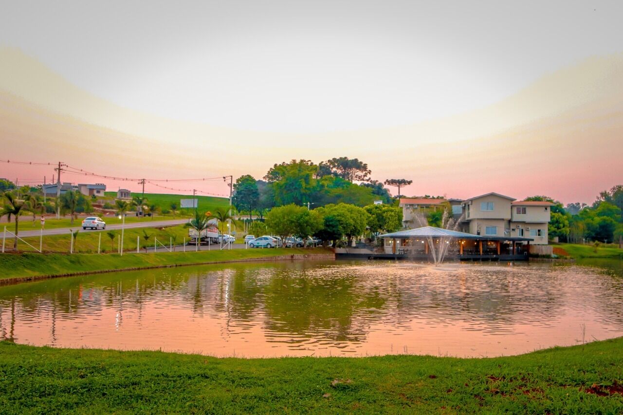 A serene lakeside setting with a fountain, surrounded by greenery and a few buildings.