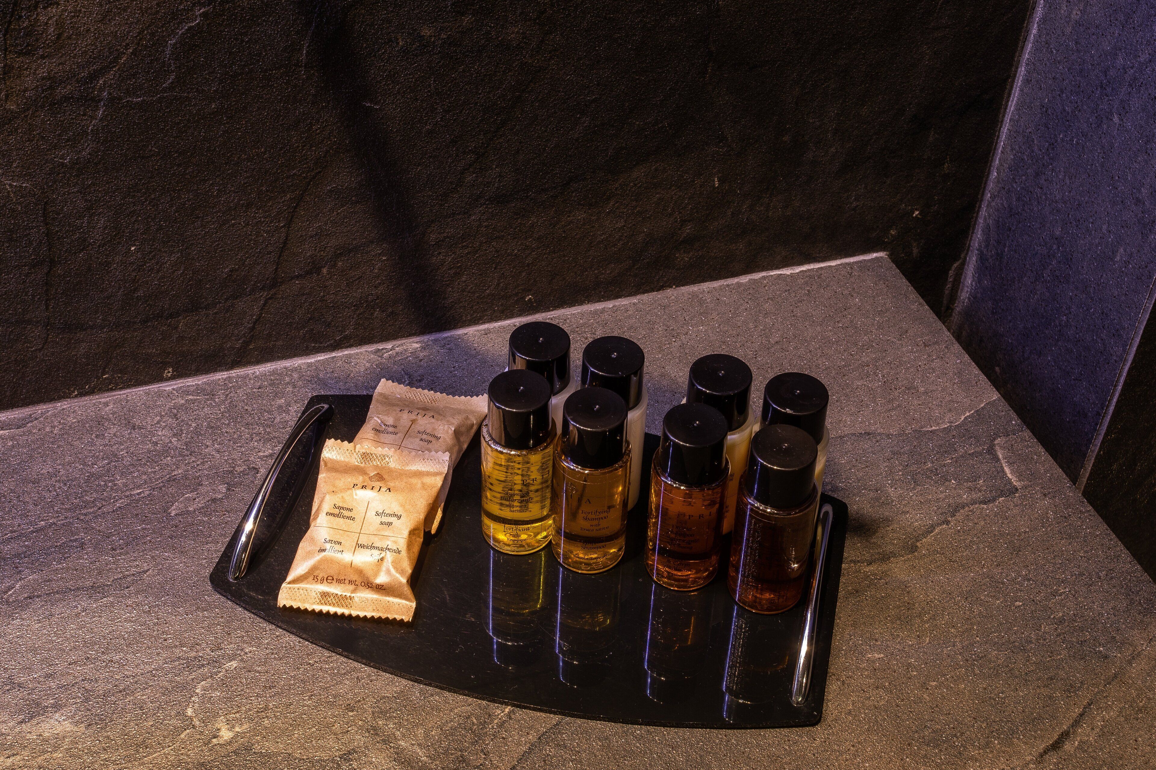 hair dryer, towels, soap, shampoo