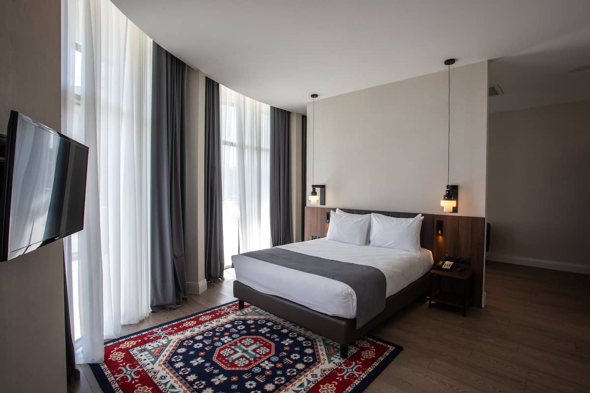 Une chambre d’hôtel moderne avec un grand lit, une télévision à écran plat, une table de chevet avec une lampe et un tapis à motifs.