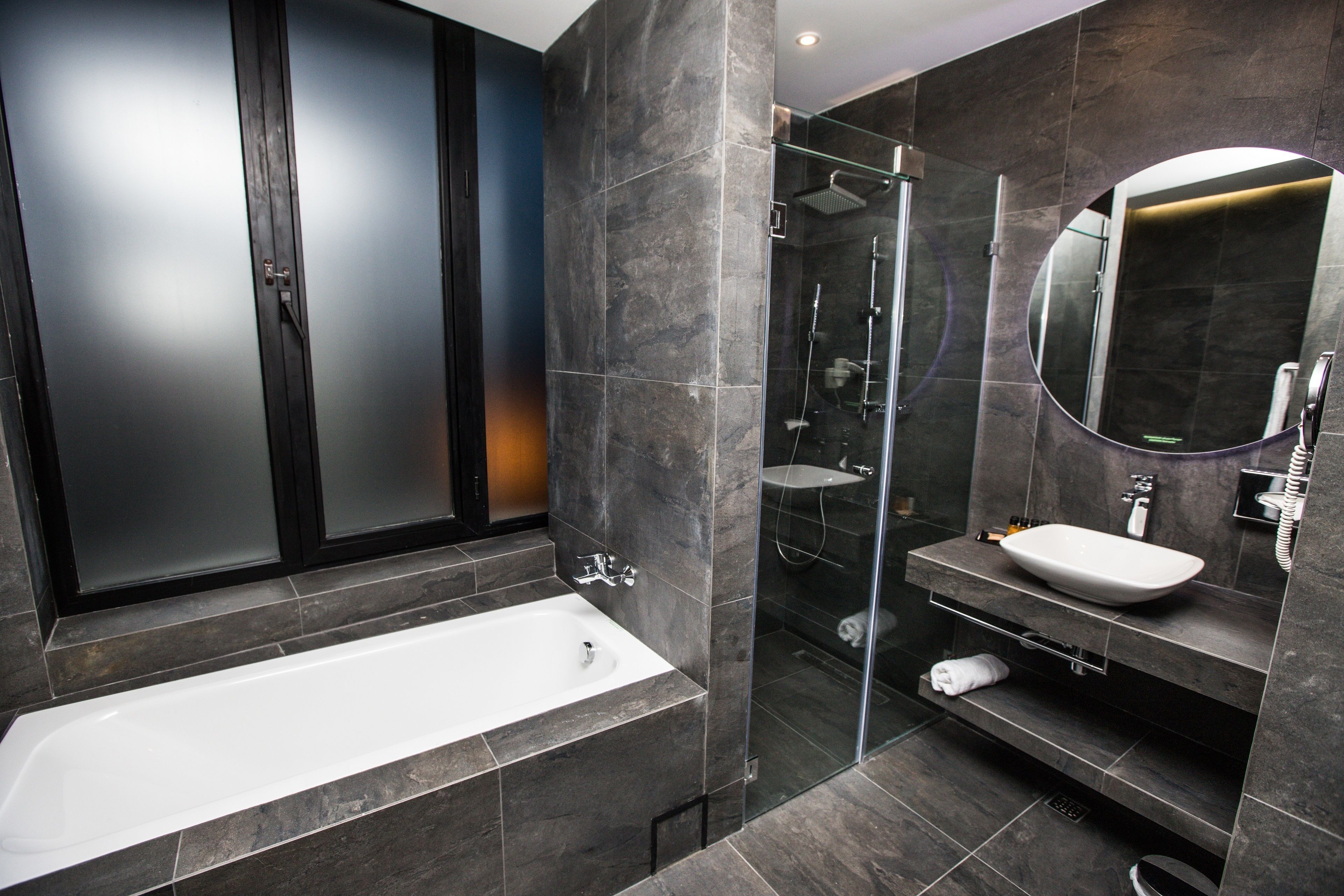 hair dryer, towels, soap, shampoo