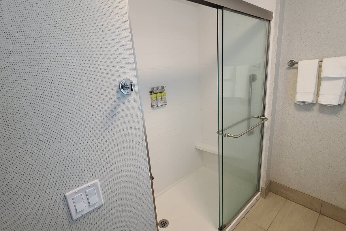 combined shower/bathtub, free toiletries, towels, soap