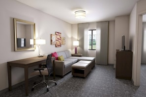 1 bedroom, desk, blackout drapes, iron/ironing board