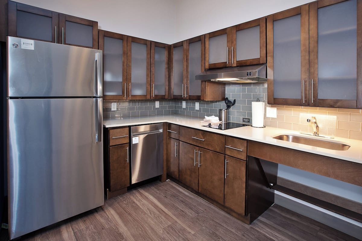 desk, laptop workspace, blackout curtains, iron/ironing board