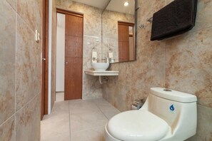 A bathroom with a toilet, a sink, and a mirror.