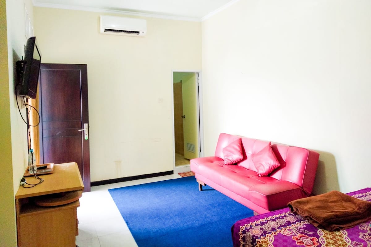 A room with a blue carpet, a pink sofa, a wooden desk, and a television mounted on the wall.
