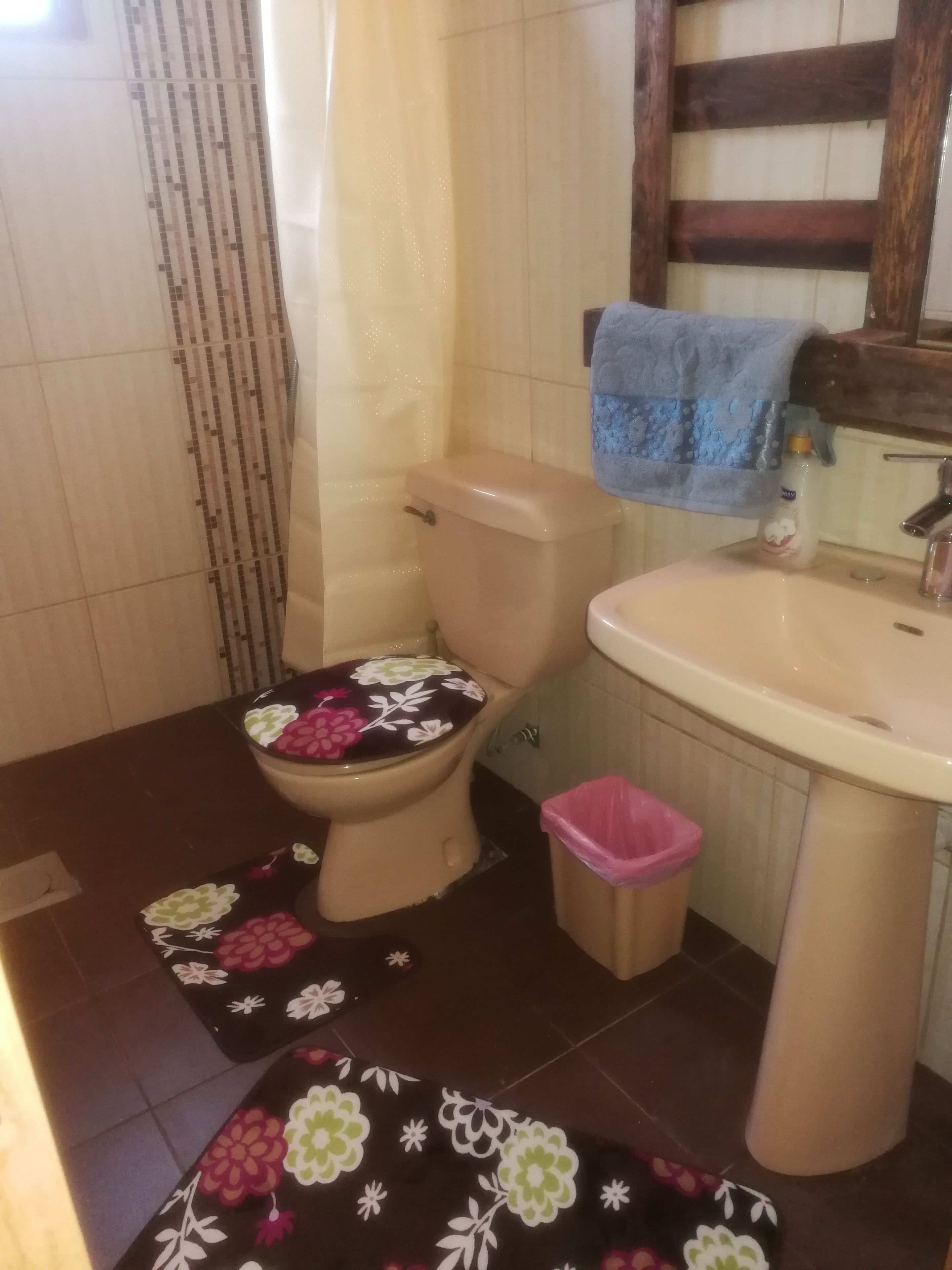 Un baño con inodoro, lavamanos y un cubo de basura.