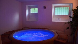 Ein Whirlpool mit blauem Licht, einem kleinen Fenster und einer Pflanze.