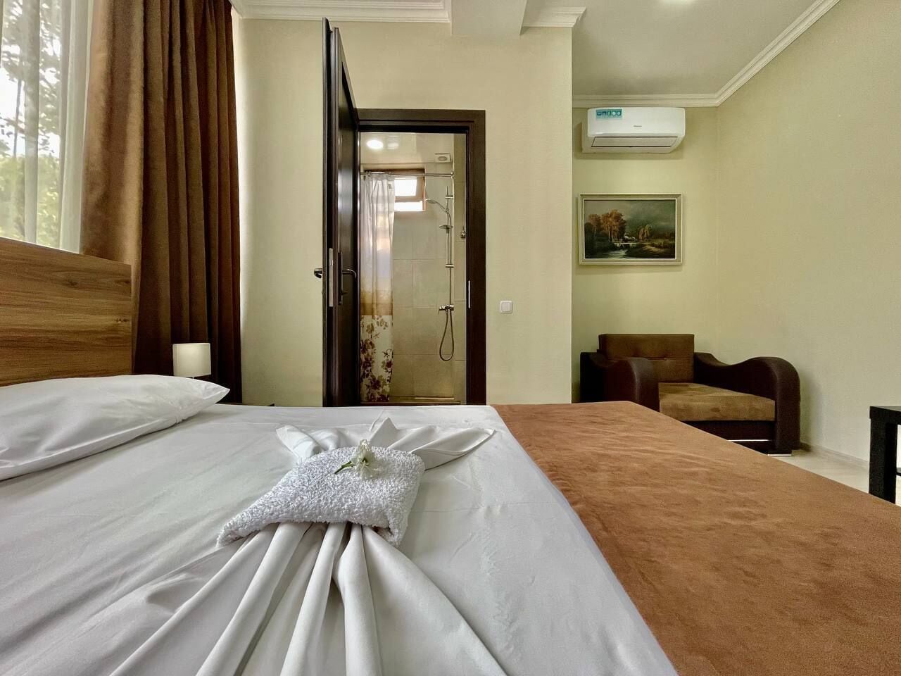 Une chambre d’hôtel avec un lit bien fait, un espace douche, un canapé et un tableau accroché au mur.