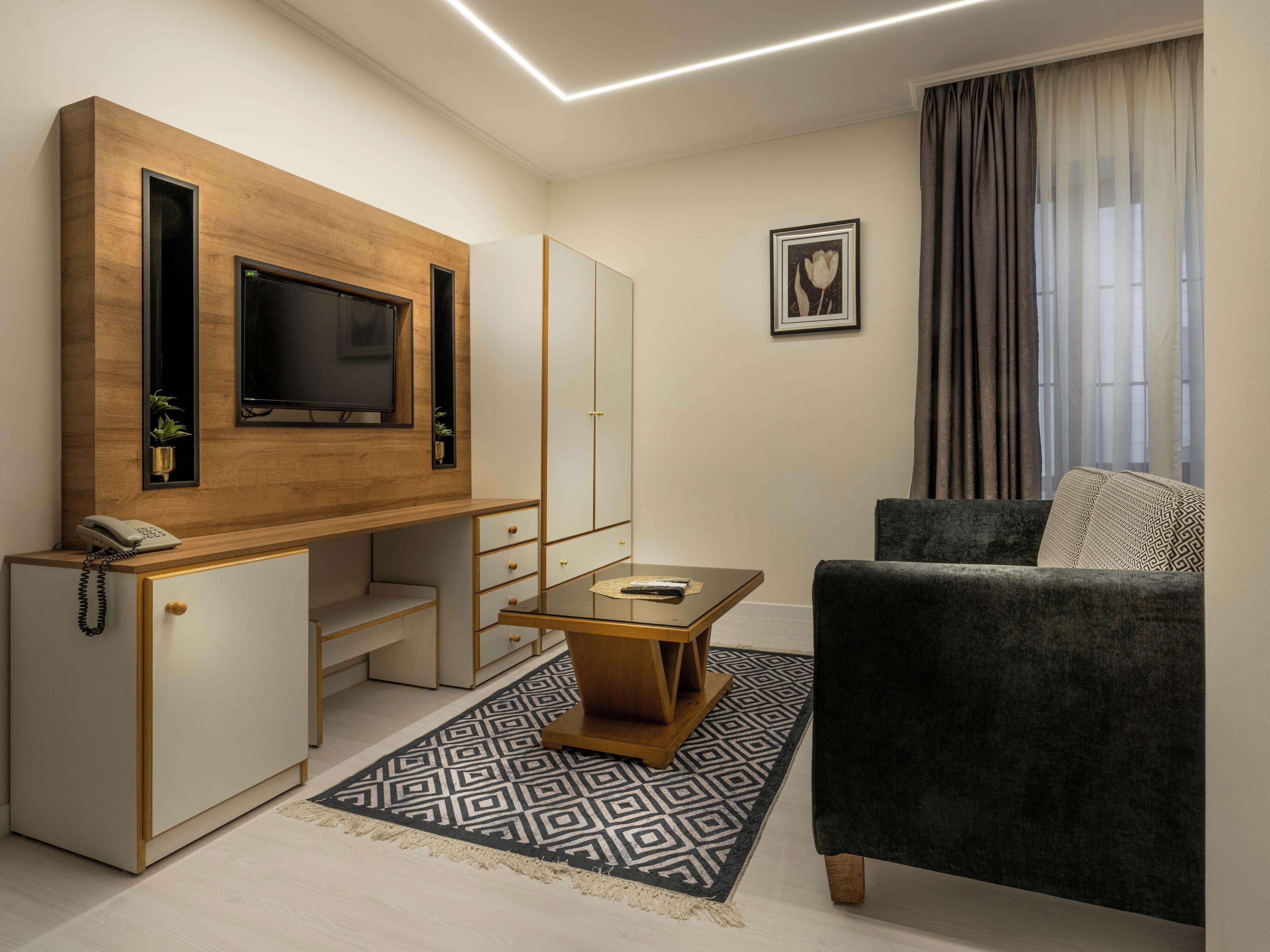 A modern living room with a flat-screen TV mounted on a wooden panel, a dark-colored sofa, a small wooden coffee table, and a patterned rug.