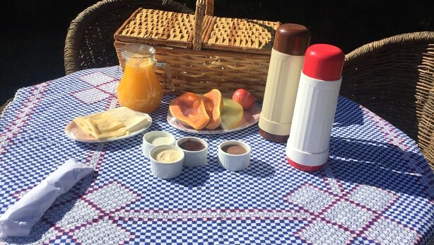 A picnic setup with a checkered tablecloth, a wicker basket, a pitcher of juice, a thermos, and various food items. - Recanto das Acacias (Camanducaia)