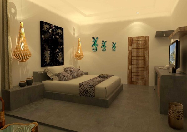 A modern bedroom with a large bed, two pendant lights, a TV, and decorative wall art. - GiliPaddy Resort (Gili Trawangan)