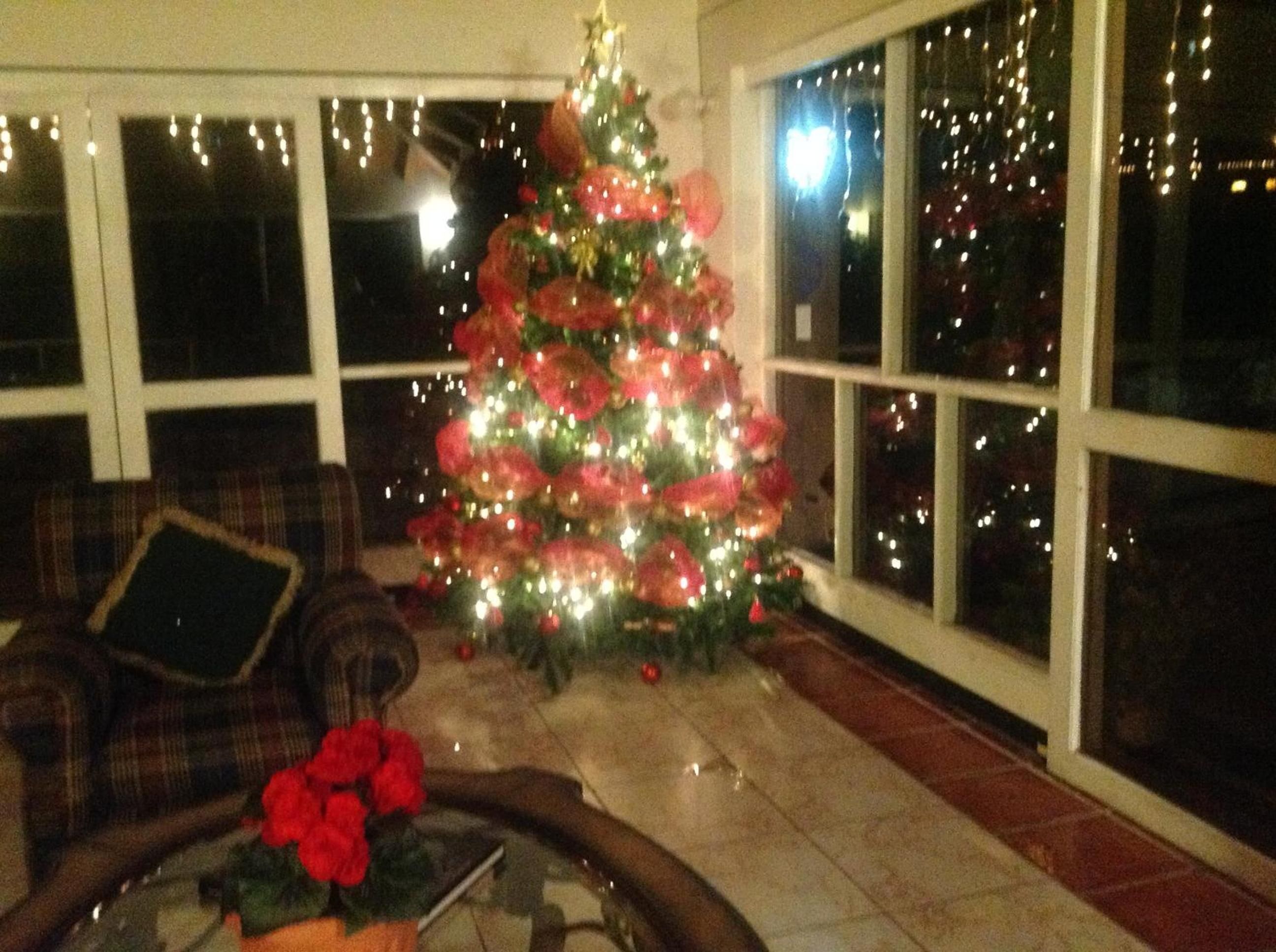Ein gemütliches Wohnzimmer mit geschmücktem Weihnachtsbaum, einem karierten Sofa und einem Couchtisch mit roten Blumen.