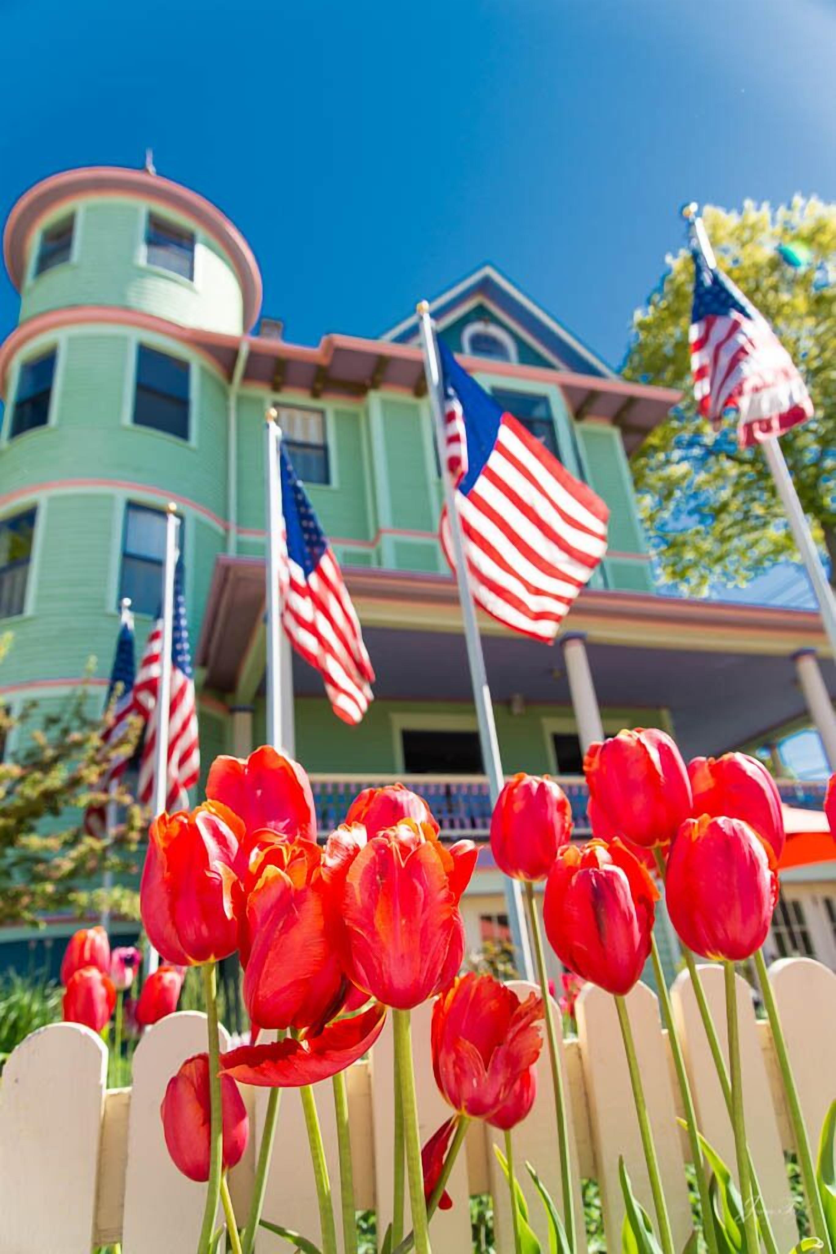 A building with multiple American flags and red tulips in front.