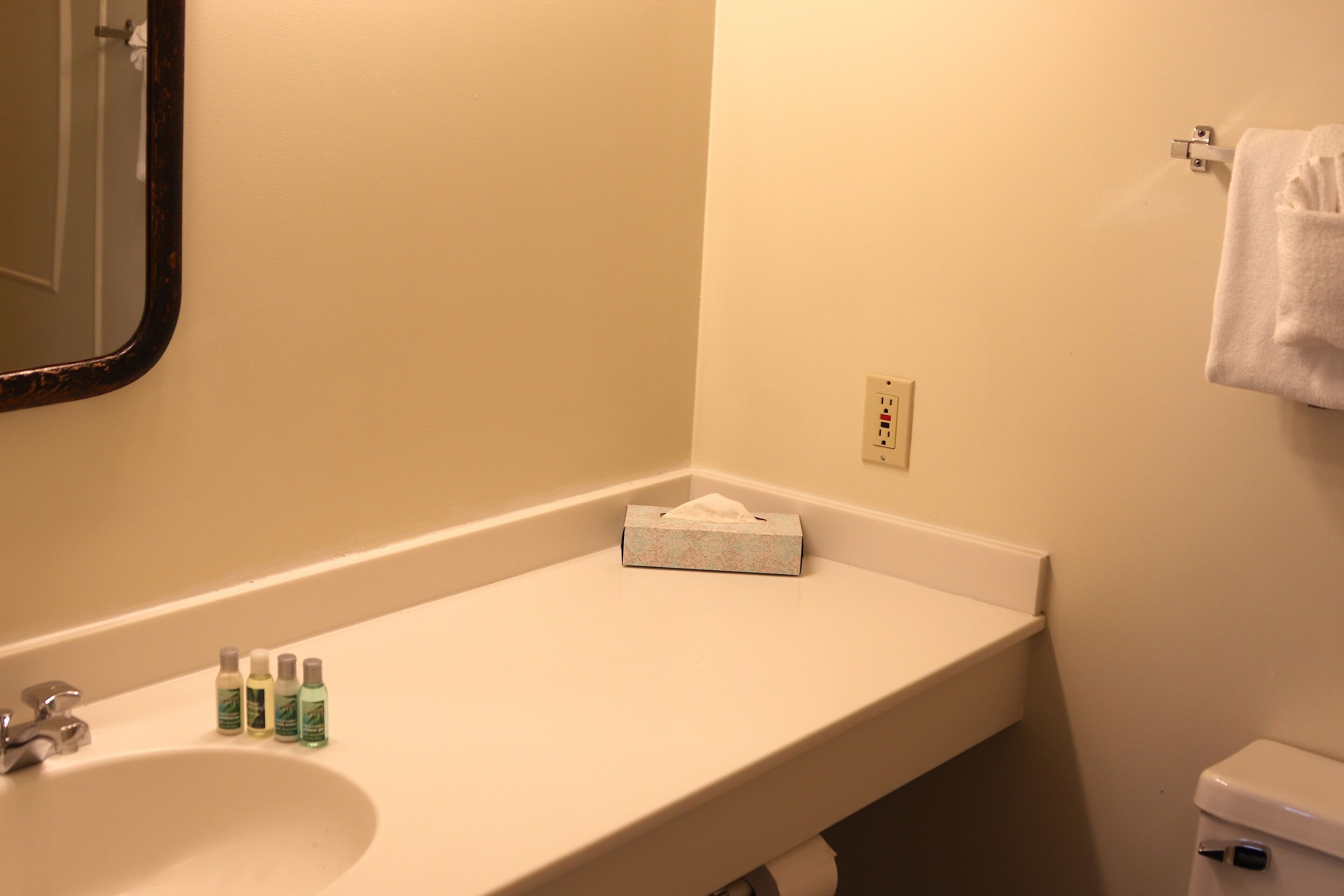A bathroom with a sink, mirror, and toilet.