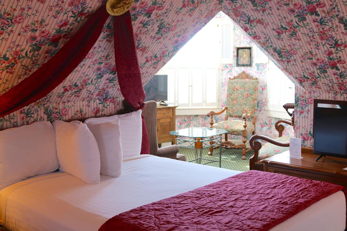 A bedroom with a canopy bed, a small table, a chair, and a television.
