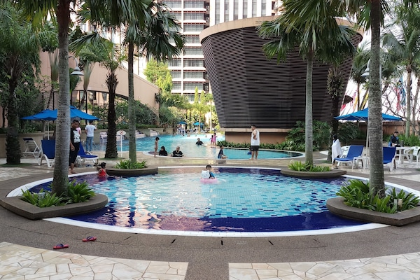 Indoor pool, outdoor pool, open 8:00 AM to 8:00 PM, pool umbrellas