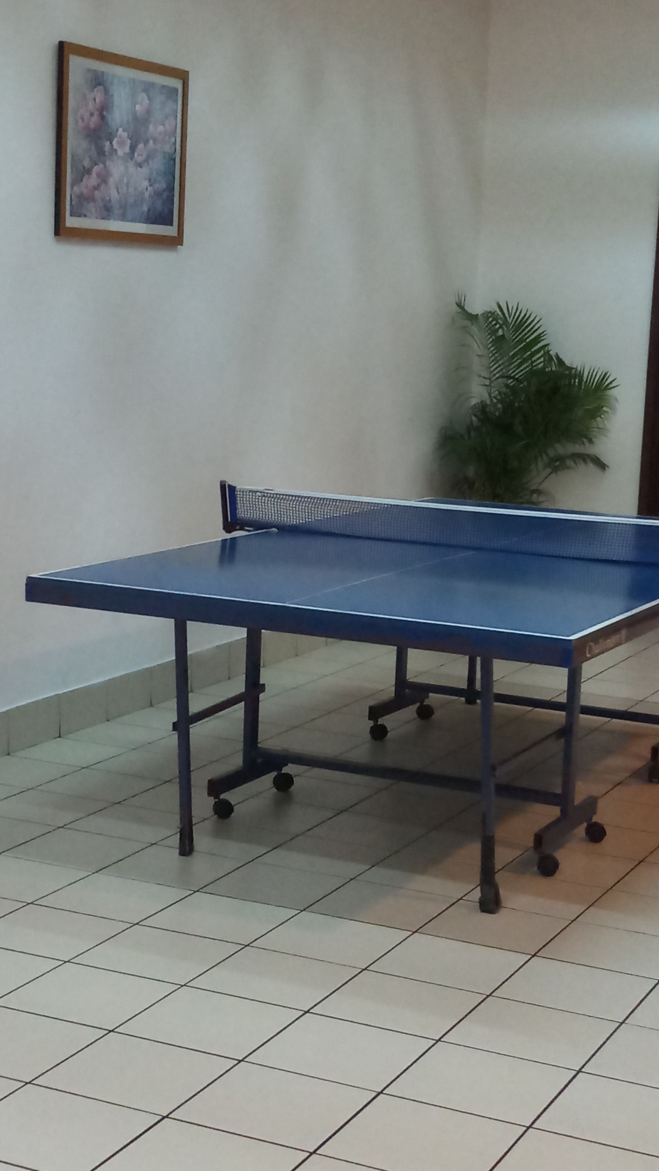 A ping pong table in a room with tiled flooring and a painting on the wall.