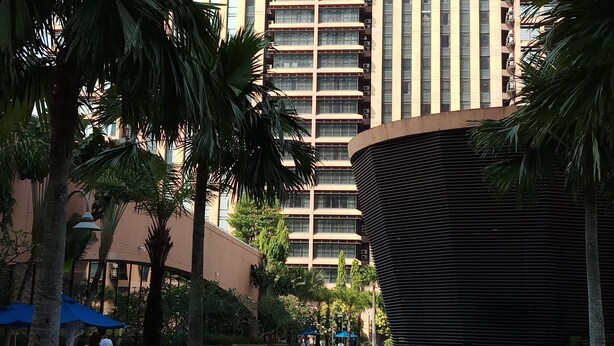 Un hotel con una gran piscina rodeada de palmeras y sillas de descanso.