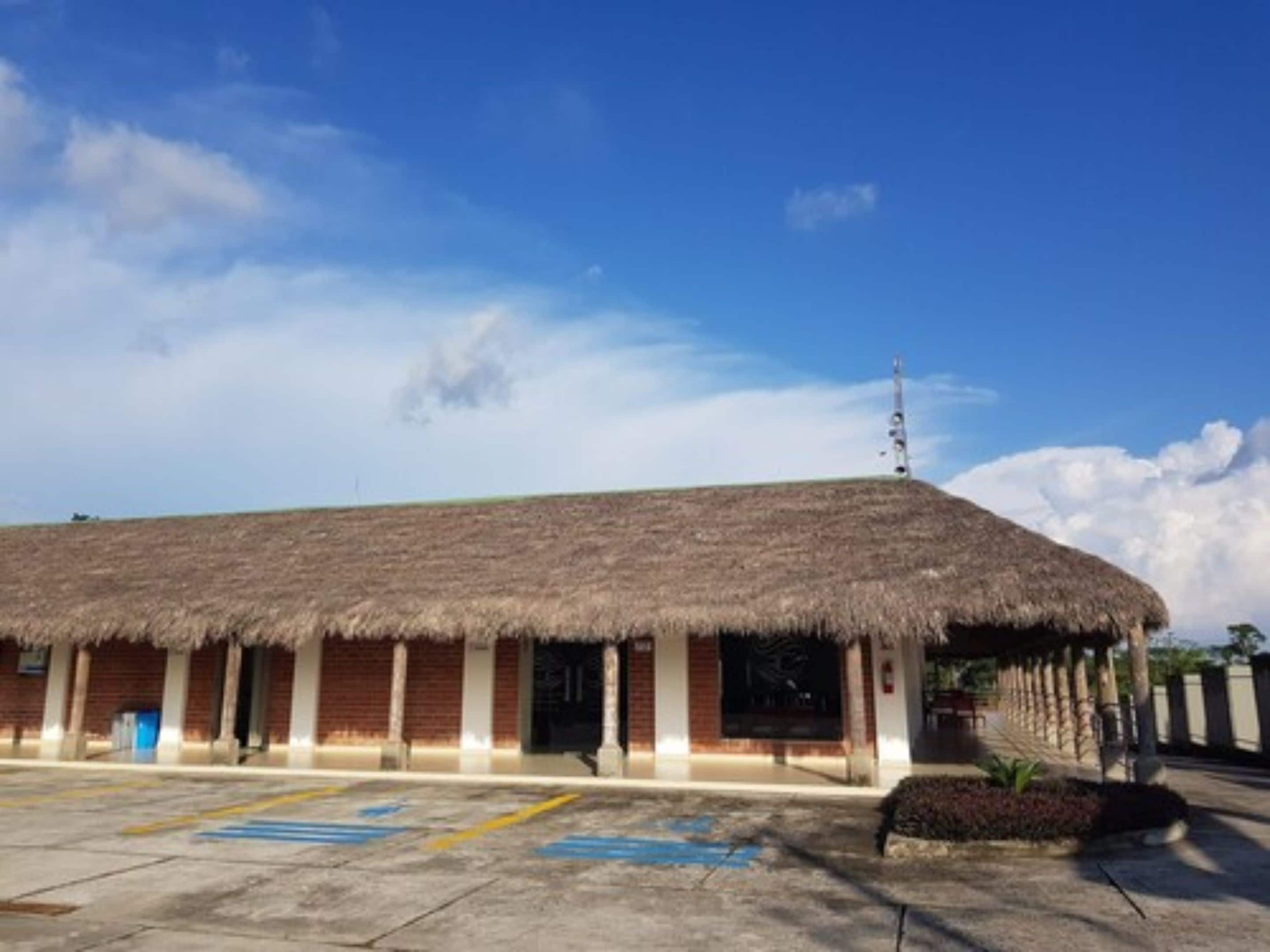 A building with a thatched roof and brick walls, featuring a parking area with marked spaces.