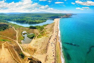 Vista aérea de una zona costera con playa, río y abundante vegetación.