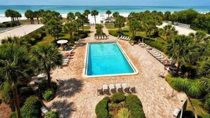 Una piscina rettangolare circondata da palme e lettini, con spiaggia e vista sull'oceano sullo sfondo.