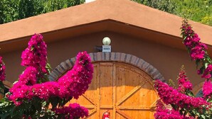 Un edificio rústico con una gran puerta de madera, un extintor y coloridas flores de buganvilla rosadas.