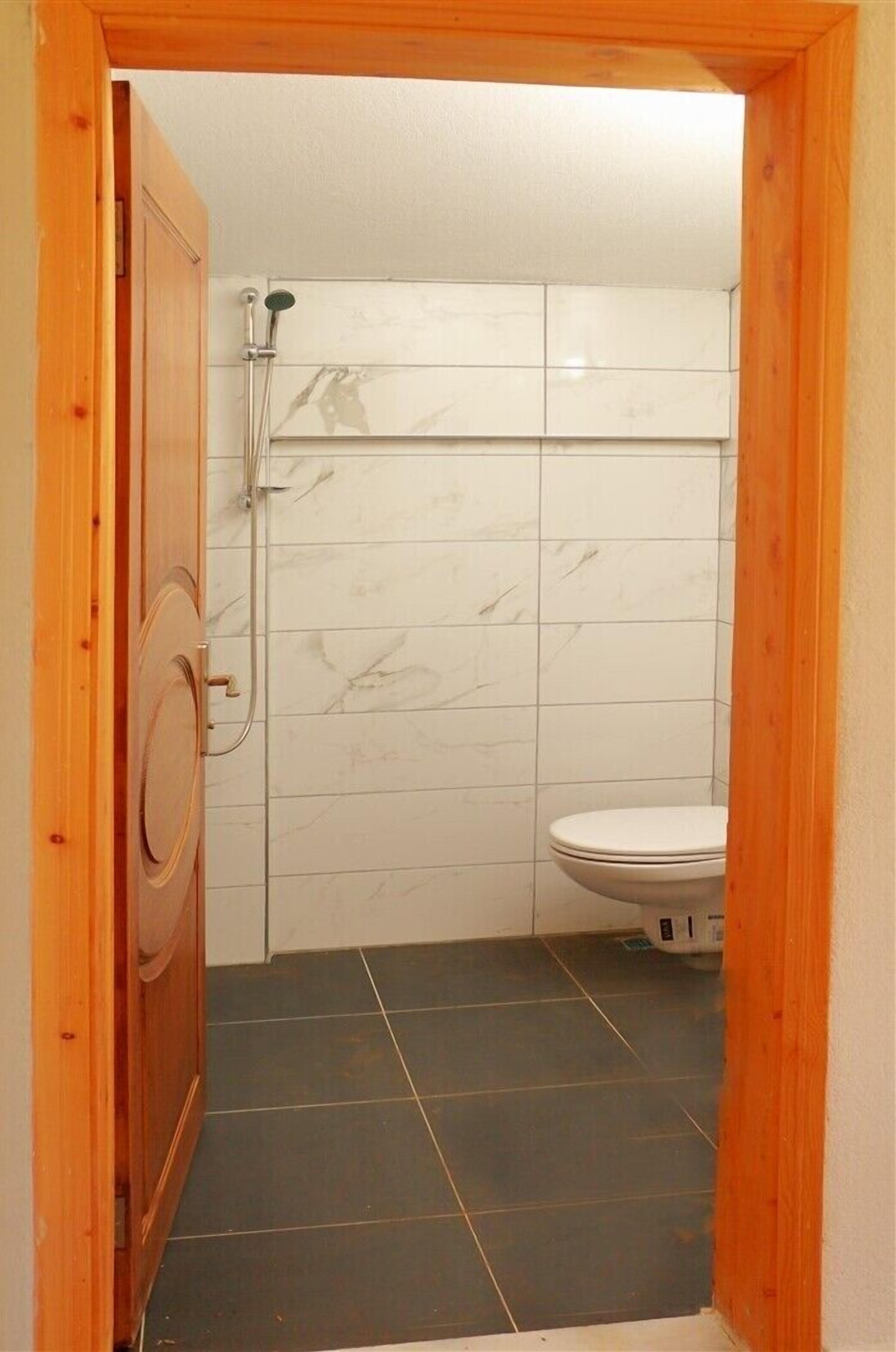 Un baño pequeño con inodoro, ducha y puerta de madera.