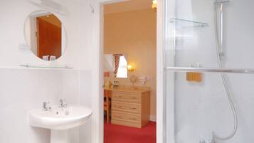 A bathroom with a sink, mirror, and shower.