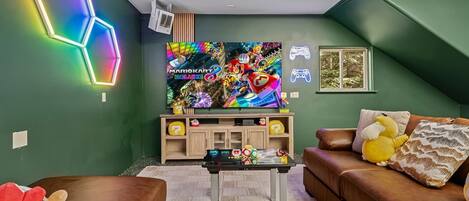 TV, fireplace, video games, table football