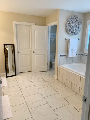Hair dryer, towels, soap, shampoo