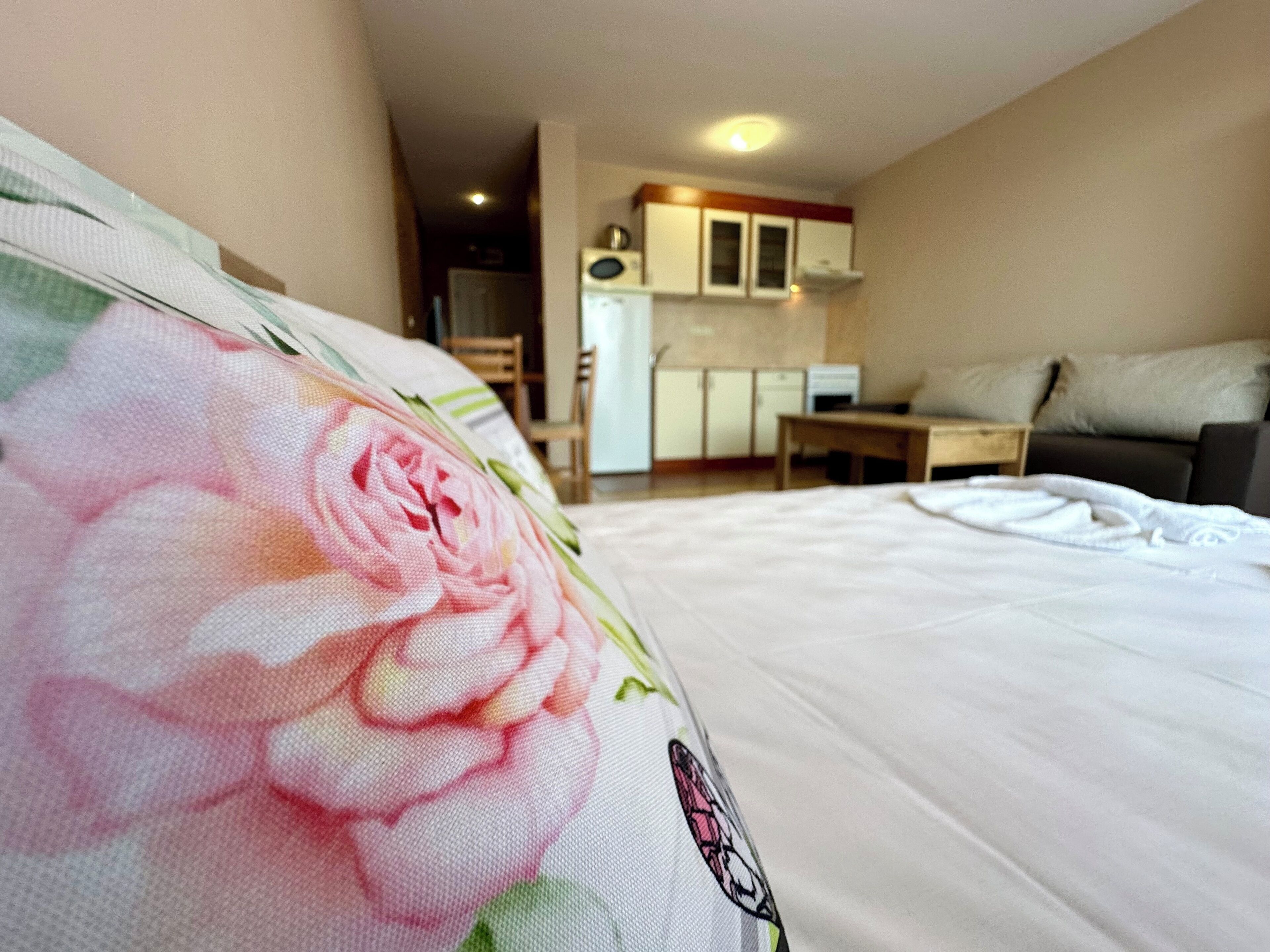 A bedroom with a large bed, a small kitchenette, and a sofa.