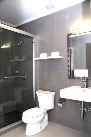 Douche, séchoir à cheveux, serviettes fournies, papier de toilette