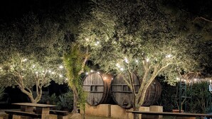Un área de estar al aire libre de estilo rústico con bancos de madera y barriles, iluminada con luces colgantes.