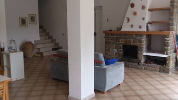 Télévision, cheminée, livres