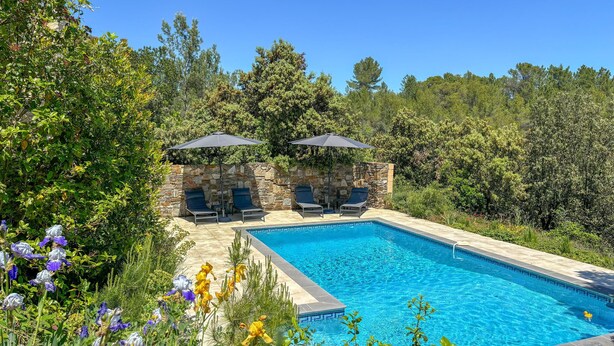 Ein Pool mit zwei Liegestühlen und Sonnenschirmen, umgeben von üppiger Vegetation und Steinmauern.