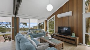 TV, fireplace, DVD player, music library