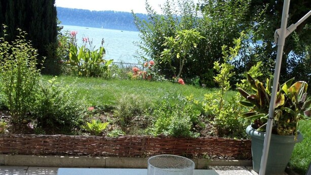 A table with a clear glass vase containing rocks and pebbles, set against a backdrop of a garden with various plants and a view of a lake.