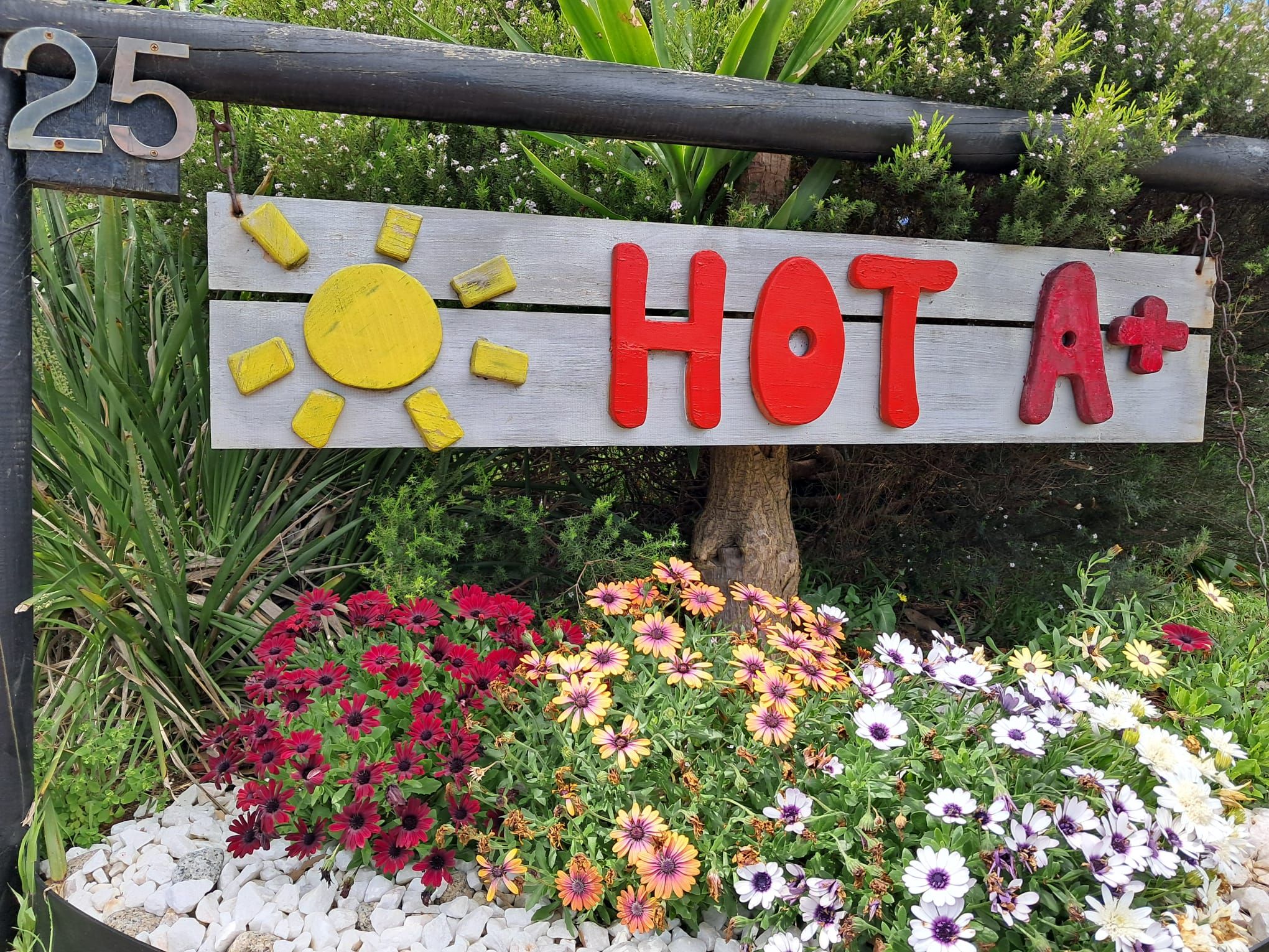 A sign with a sun and the words 'HOT A+' indicating a warm location.