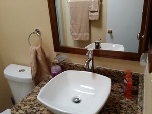 Douche, sèche-cheveux, serviettes fournies, shampoing