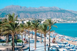 On the beach, sun loungers