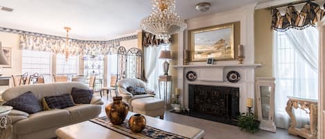 Smart TV, chimenea, reproductor de DVD y libros