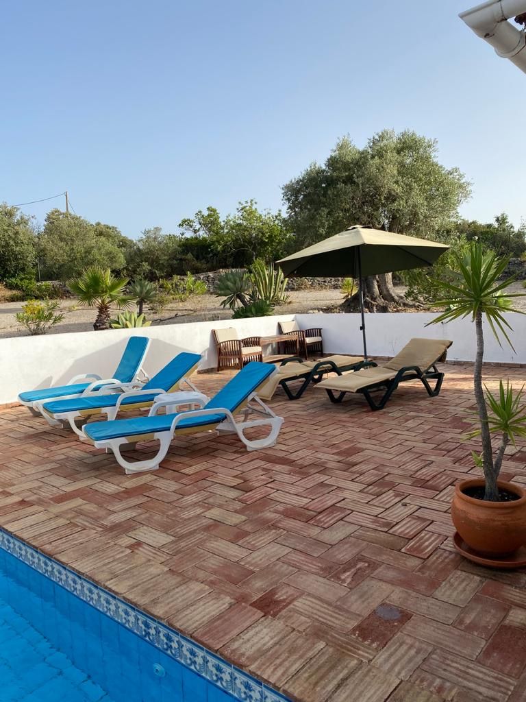 A poolside area with lounge chairs and a table under a canopy, surrounded by potted plants and trees.