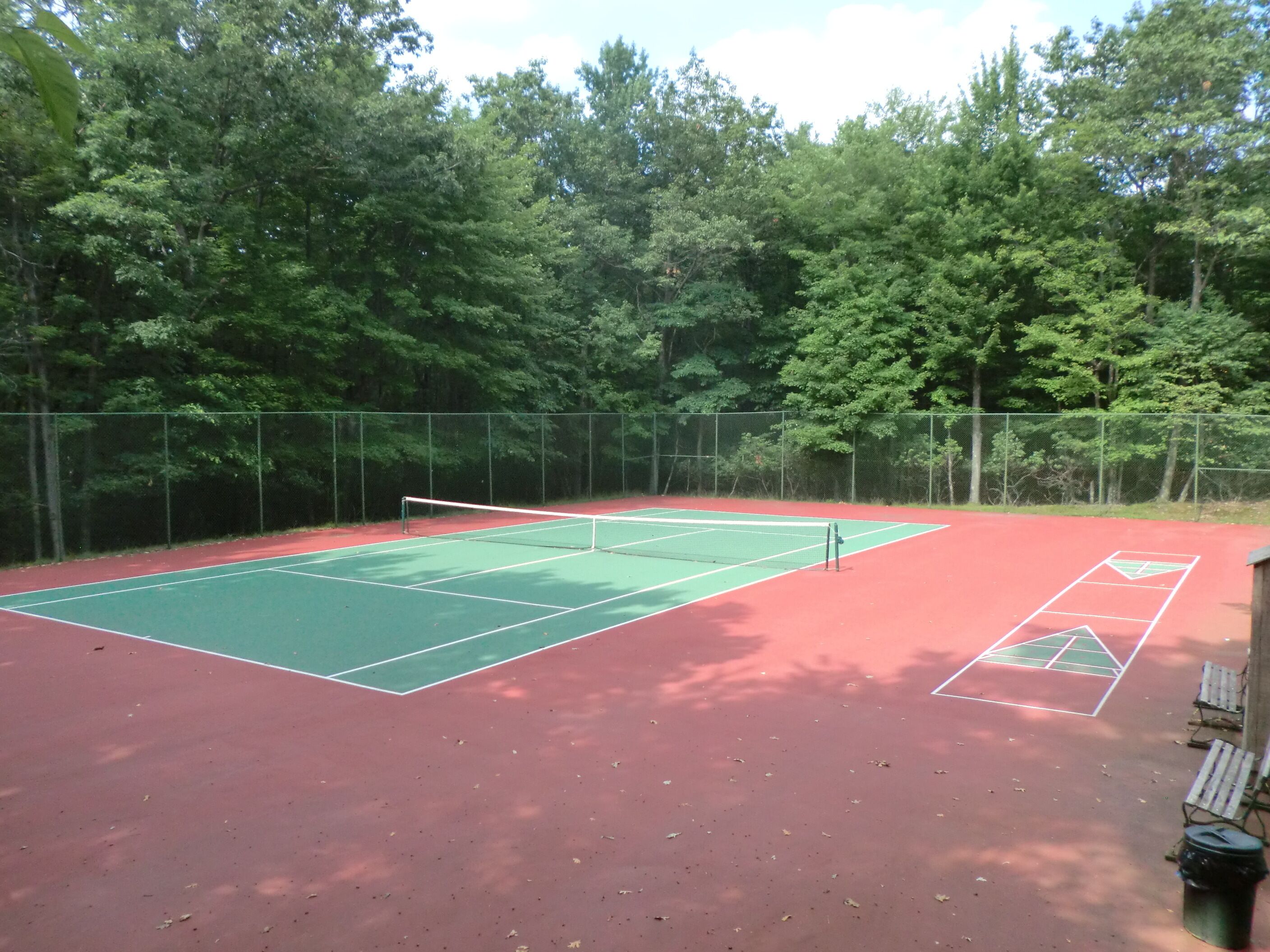 Una cancha de tenis al aire libre con una red, rodeada de árboles.