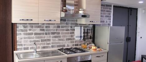 Fridge, oven, stovetop, coffee/tea maker