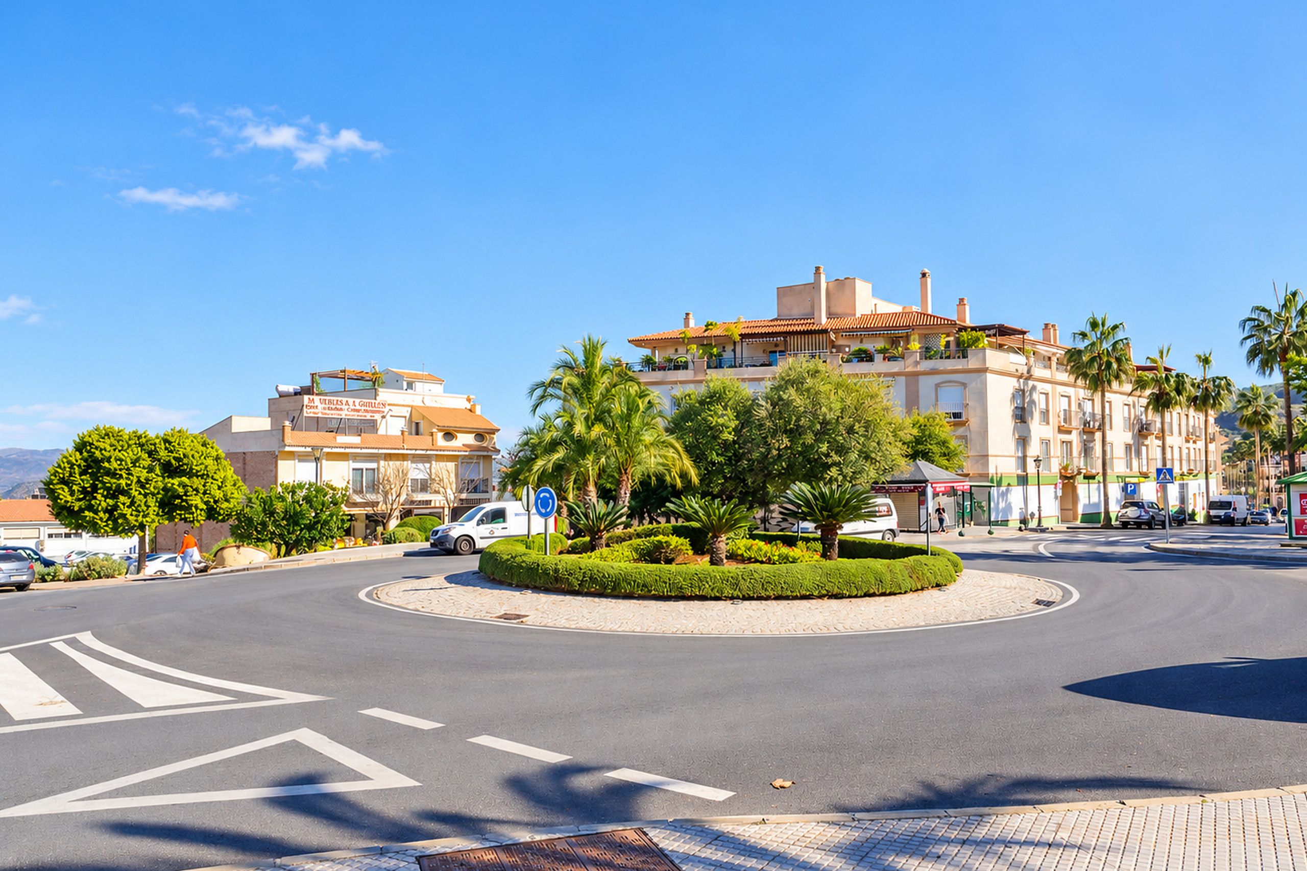 A roundabout with palm trees and a building with a sign that reads 'MUEBLES A GRILLON'.