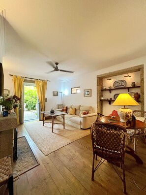 TV connectée, cheminée, lecteur de DVD, baby-foot