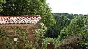 Un edificio rústico de piedra con tejado de baldosas, rodeado de abundante vegetación y un promontorio boscoso.