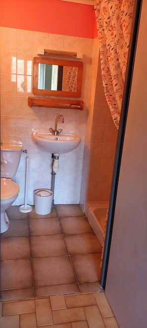 Un baño con lavamanos, inodoro y espejo.